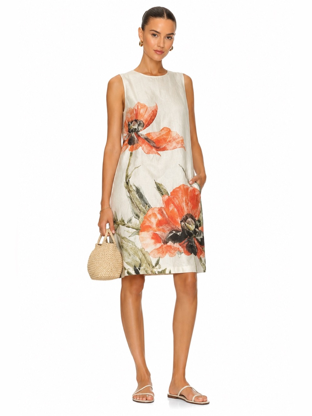 Sleeveless Floral Linen-Blend Shift Dress - Ivory with Orange Poppy Print
